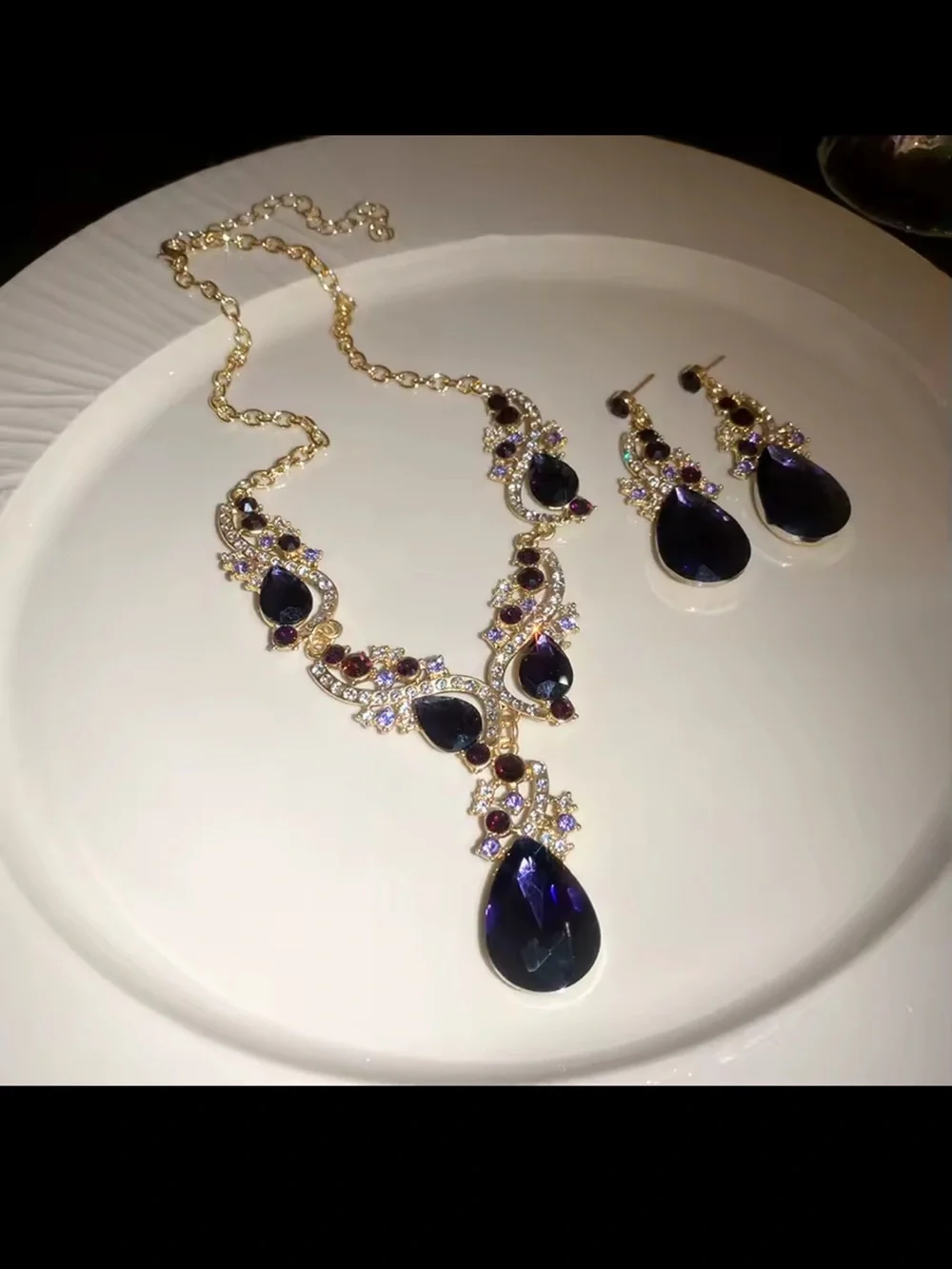 Vintage Purple Necklace and Earring Set with Black Teardrop Crystals
